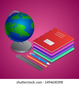 3D illustration of world globe stand with notebooks, ruler scale and pencil on pink background.