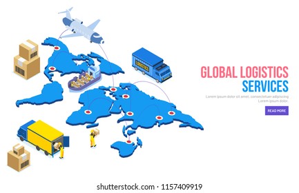 3D illustration of world map with mappin, airplane, ship and cargo truck freights on white background for Global Logistics Services concept based web template.