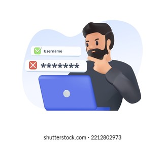 3D illustration wrong password isolated vector. Confused man forget password, businessman login laptop, access blocked denied. Personal data Cybersecurity industry, IT technology, lost security key