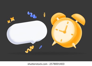 3D illustration of a yellow alarm clock and a white speech bubble empty copy space. time management, productivity, and communication concepts. illustration vector