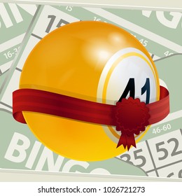 3D Illustration of Yellow Bingo Lottery Ball with Red Ribbon and Blank Crest Over Light Green Bingo Cards Background