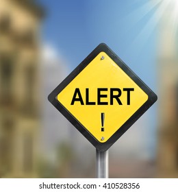 3d illustration of yellow roadsign of alert isolated on blurred street scene