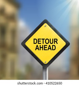 3d illustration of yellow roadsign of detour ahead isolated on blurred street scene