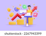 3D illustration of young man sitting on coins. Financial investment trade. Creative concept of market movement. Bank deposit, profit finance Manage money through your applications. Investment concept