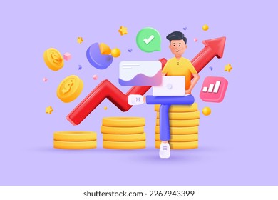 3D illustration of young man sitting on coins. Financial investment trade. Creative concept of market movement. Bank deposit, profit finance Manage money through your applications. Investment concept