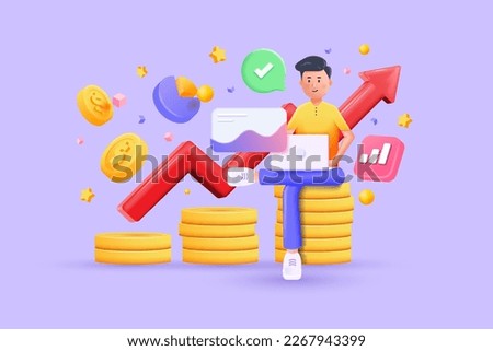 3D illustration of young man sitting on coins. Financial investment trade. Creative concept of market movement. Bank deposit, profit finance Manage money through your applications. Investment concept