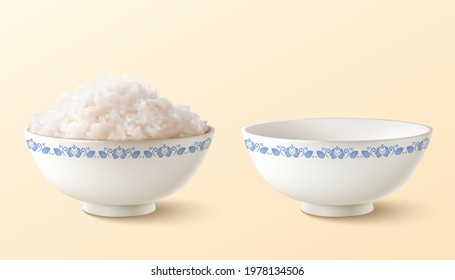 3d illustrations of blue pattern ceramic bowls. One filled with steamed rice and one without