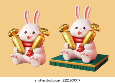 3D Illustrations of chubby rabbits wearing red scarfs holding two golden carrots in both hands, one of them sits on the square emerald podium