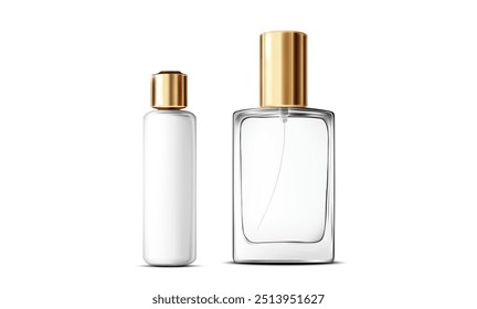 Ilustrações 3D de garrafas de vidro com tampas douradas, ideais para produtos de perfume e cosméticos. Estes recipientes elegantes e modernos simbolizam luxo e estilo, tornando-os perfeitos para mostrar beleza.