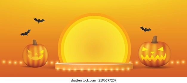 3D illustrations of Halloween Jack O's, pumpkin lanterns, platform. Halloween themed product displays podium on orange color background. vector 3d rendering Halloween concept. stand show product.
