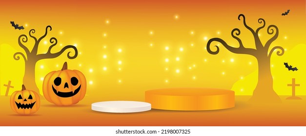 3D illustrations of Halloween Jack O's, pumpkin lanterns, platform. Halloween themed product displays podium on orange color background. vector 3d rendering Halloween concept. stand show product.