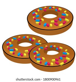 3d illustrations or 3D rendering of three donuts with colorful sprinkles.