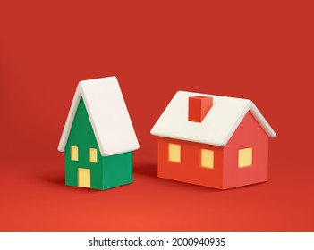 3d illustrations of two rustic tiny houses with roof covered with snow. Elements isolated on red background.