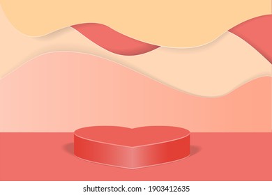 3d illustrtion Background red pastel with Heart shaped podium and shadowsense, curve background podium platform shaped pink stage minimal, cosmetics stand, valentine day, banner, sale, copy space