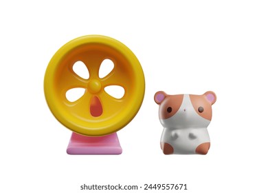 3D image of an adorable chubby pet white hamster with orange spots, which sits next to a toy with a yellow hamster treadmill, isolated on a white background