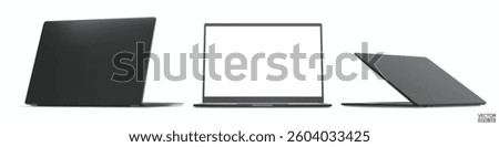 3D image of black laptop, front and back view from different angles isolated on white background. Realistic Laptop black color mockup with blank screen display. 3D vector illustration.