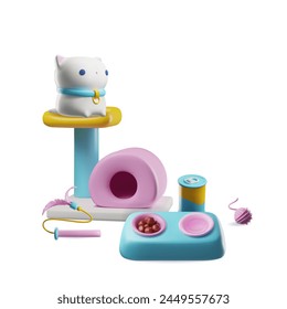 A 3D image of a charming white cat with a blue collar and tag, sitting in a cat house with a bowl of food, water and toys: a wand with a feather and a ball.