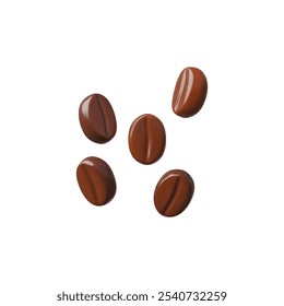 3D image of dark roasted coffee beans on a white background. Brown grains add freshness and caffeine to espresso or mocha lovers who want to cheer up.