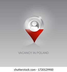 Imagen 3d de un símbolo geo-ubicación en un fondo gris. Búsqueda de empleo y vacantes en POLONIA. Diseño para banners, afiches, sitios web, publicidad. 