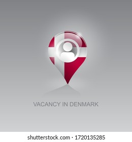 Imagen 3d de un símbolo geo-ubicación en un fondo gris. Búsqueda de empleo y vacantes en DINAMARCA. Diseño para banners, afiches, sitios web, publicidad.