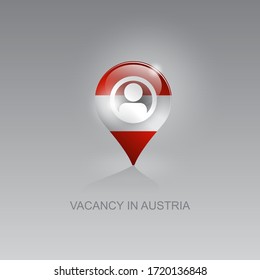 Imagen 3d de un símbolo geo-ubicación en un fondo gris. Búsqueda de empleo y vacantes en AUSTRIA. Diseño para banners, afiches, sitios web, publicidad.