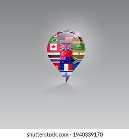 Imagen 3d de un símbolo geo de ubicación en un fondo gris. Turismo y ocio en todo el mundo. Diseño para banners, afiches, sitios web, publicidad. Ilustración vectorial.