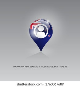 3D-Bild eines Geolokationssymbols auf grauem Hintergrund. Jobsuche und freie Stellen in NEUSEELAND. Design für Banner, Plakate, Webseiten, Werbung. Vektorgrafik. 