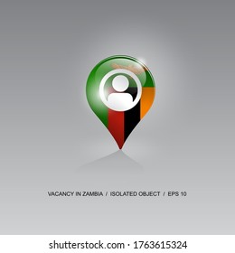 3D-Bild eines Geolokationssymbols auf grauem Hintergrund. Jobsuche und freie Stellen in der ZAMBIA. Design für Banner, Plakate, Webseiten, Werbung. Vektorgrafik.