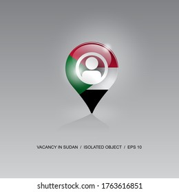 3D-Bild eines Geolokationssymbols auf grauem Hintergrund. Jobsuche und freie Stellen in SUDAN. Design für Banner, Plakate, Webseiten, Werbung. Vektorgrafik.