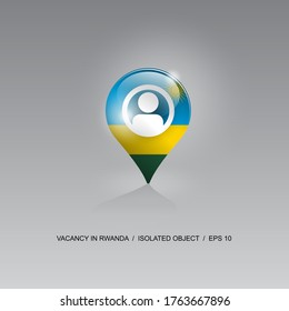 3D-Bild eines Geolokationssymbols auf grauem Hintergrund. Jobsuche und freie Stellen in RWANDA. Design für Banner, Plakate, Webseiten, Werbung. Vektorgrafik.