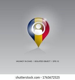 3D-Bild eines Geolokationssymbols auf grauem Hintergrund. Jobsuche und freie Stellen in CHAD. Design für Banner, Plakate, Webseiten, Werbung. Vektorgrafik.