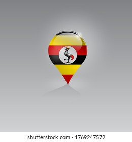 3D-Bild eines Geolokationssymbols auf grauem Hintergrund. Tourismus und Freizeit in UGANDA. Design für Banner, Plakate, Webseiten, Werbung. Vektorgrafik.