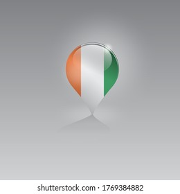 Imagen 3d de un símbolo de geolocalización sobre un fondo gris. Turismo y ocio en COTE D'IVOIRE. Diseño para banners, afiches, sitios web, publicidad. Ilustración vectorial.