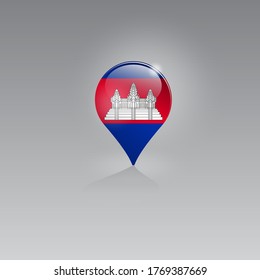 3D-Bild eines Geolokationssymbols auf grauem Hintergrund. Tourismus und Freizeit in CAMBODSCHA. Design für Banner, Plakate, Webseiten, Werbung. Vektorgrafik.
