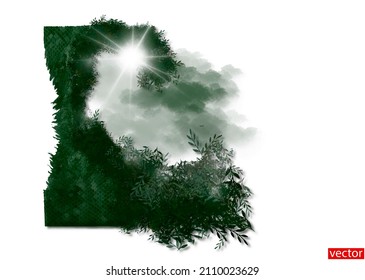 3D image isolated on a white background. Green garden in the sunlight. Monochrome fantasy landscape in emerald tones. Stain with dragon scales texture. Design element for business cards, flyer. Vector