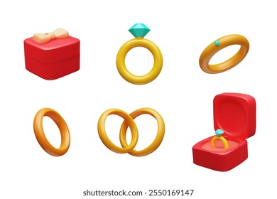 A 3D image of a luxurious set of gold rings with precious stones. An elegant piece of jewelry in a gift box for anniversaries, anniversaries or birthdays.