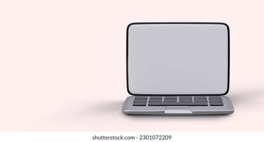 3D-Bild eines offenen Notebooks. Computer bereit zum Gehen. Blank Bildschirm des realistischen volumetrischen Laptops. Blank für Werbung, soziale Netzwerke. Dreidimensionale Farbgrafik. Silber-Unisex-Minibuch