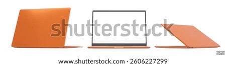3D image of orange laptop, front and back view from different angles isolated on gray background. Realistic Laptop orange color mockup with blank screen display. 3D vector illustration.