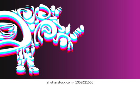 3D image of a part of a rhinoceros. which consists of patterns of red, light blue, white and pink. Against the background of black and purple.
