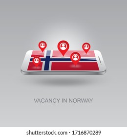 3d image of a phone on a gray background. Job search and vacancies in Norway. Design for banners, posters, web sites, advertising. Vector illustration, isolated object.