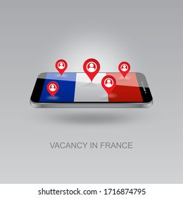 3d image of a phone on a gray background. Job search and vacancies in France. Design for banners, posters, web sites, advertising. Vector illustration, isolated object.