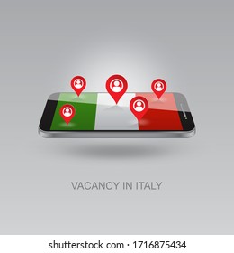 3d image of a phone on a gray background. Job search and vacancies in Italy. Design for banners, posters, web sites, advertising. Vector illustration, isolated object.