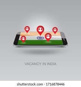 3D-Bild eines Telefons auf grauem Hintergrund. Jobsuche und freie Stellen in Indien. Design für Banner, Plakate, Webseiten, Werbung. Vektorillustration-Illustration, Einzelobjekt.
