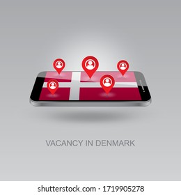 3d image of a phone on a gray background. Job search and vacancies in DENMARK. Design for banners, posters, web sites, advertising. Vector illustration, isolated object.