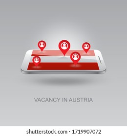 3d image of a phone on a gray background. Job search and vacancies in AUSTRIA. Design for banners, posters, web sites, advertising. 