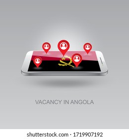 3d image of a phone on a gray background. Job search and vacancies in ANGOLA. Design for banners, posters, web sites, advertising. 