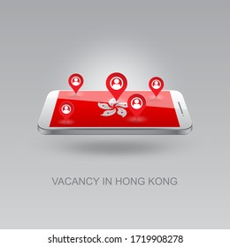 Imagen 3d de un teléfono en un fondo gris. Búsqueda de empleo y vacantes en HONG KONG. Diseño para banners, afiches, sitios web, publicidad. 