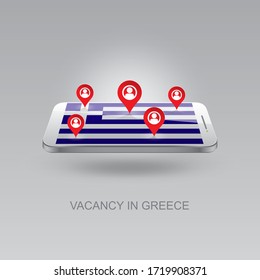 3d image of a phone on a gray background. Job search and vacancies in GREECE. Design for banners, posters, web sites, advertising.