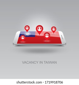 3d image of a phone on a gray background. Job search and vacancies in TAIWAN. Design for banners, posters, web sites, advertising. 