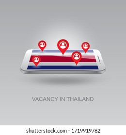 3D-Bild eines Telefons auf grauem Hintergrund. Jobsuche und freie Stellen in THAILAND. Design für Banner, Plakate, Webseiten, Werbung. 